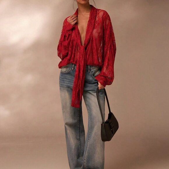 Red Sexy Women's Patterned Sheer Kimono Blouse - Picture 6 of 6